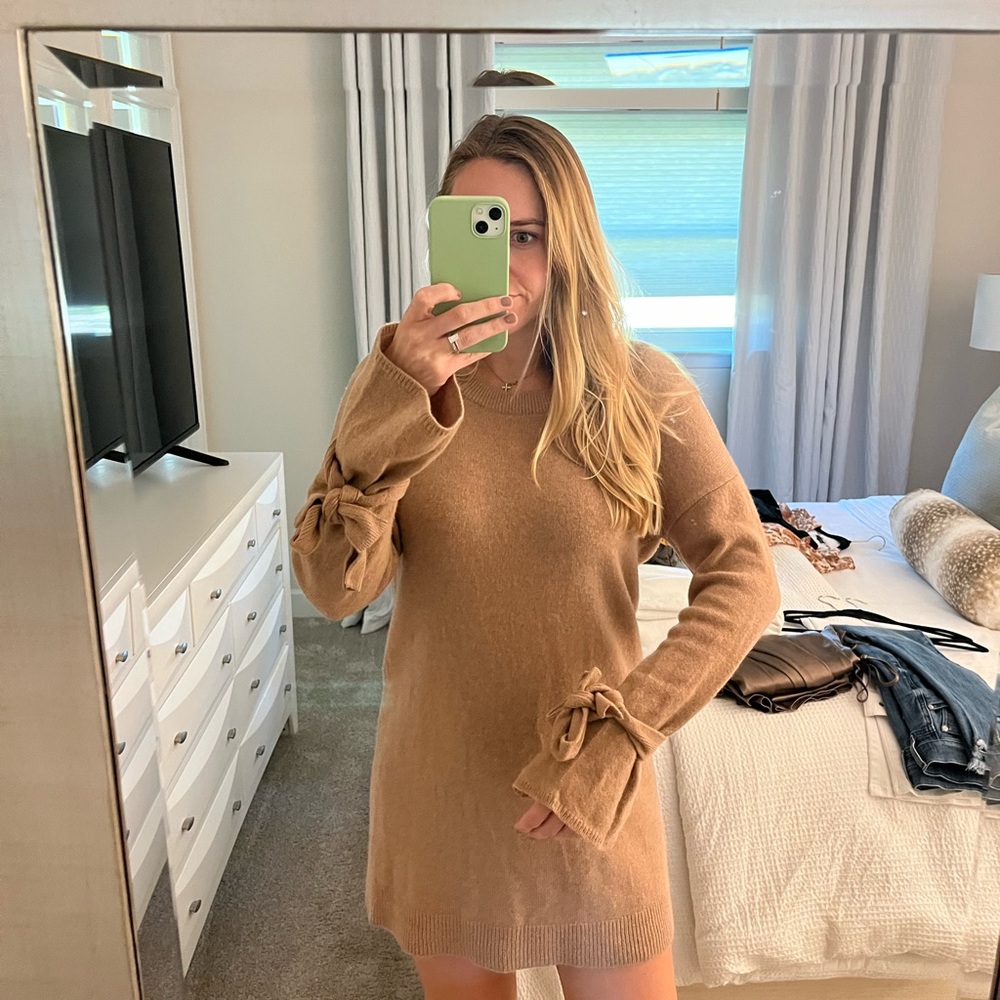 Madewell Camel Knit Dress with Bow sleeve Details